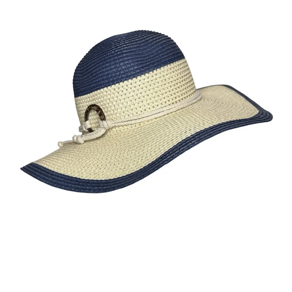 Panama Jack Wide Floppy Brim Straw Polyester Sun Hat Beige White Beach Pool New‎